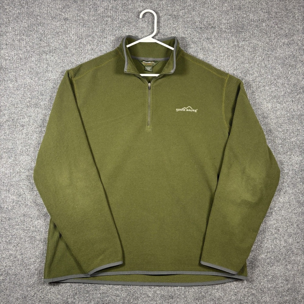 Eddie Bauer Grid Fleece Pullover Mens L Olive Green 1/4 Zip Mock Neck Gray Trim